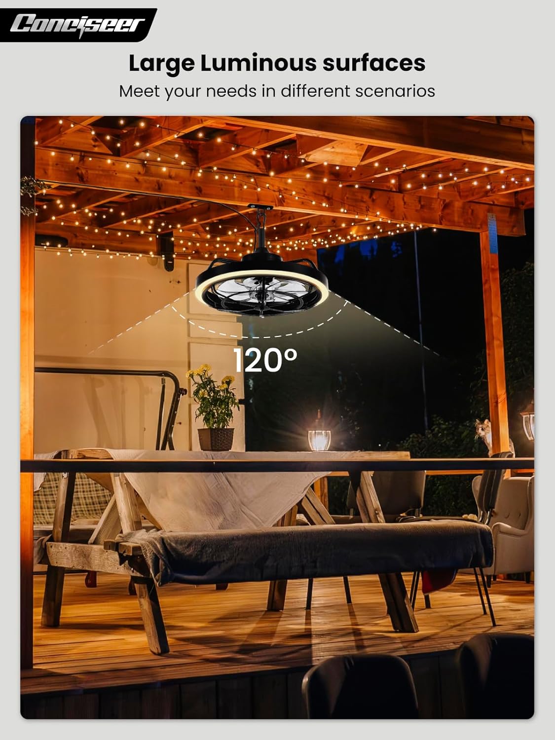 Conciseer Outdoor Ceiling Fan with Light for Patio, 20' Waterproof All-Weather Plug-in Hanging Fan, Smart APP/Remote Control, 3CCT Dimmable LED, Caged Design for Gazebo, Pergola, Porch