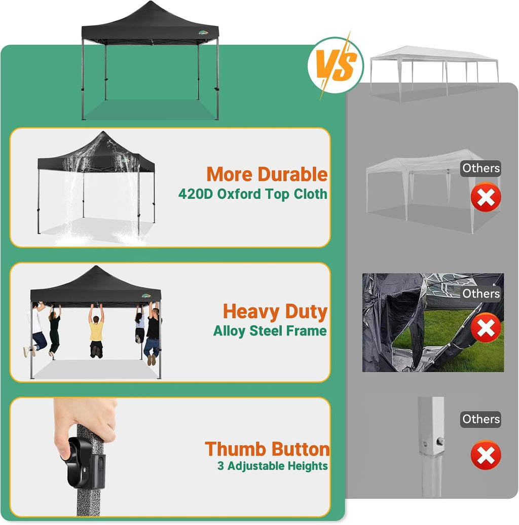 COBIZI 10x10 Heavy Duty Pop Up Canopy Tent with 4 Sidewalls Thicken Frame, Commercial Easy Up Outdoor Wedding Party Tents, All Season Waterproof Windproof with Stakes Sandbags Ropes Roller Bag, Black