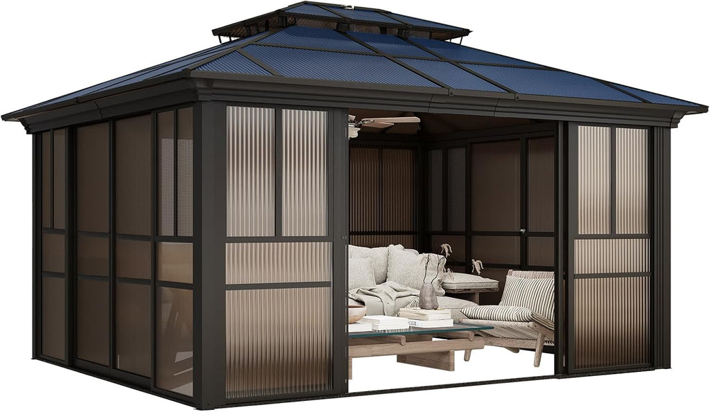 YOLENY 12x14 Sunroom Gazebo, Enclosed Outdoor Solarium with Tinted Polycarbonate Roof, 4 Lockable Sliding Doors & Aluminum Frame, Permanent Hardtop Patio Gazebo for Backyard