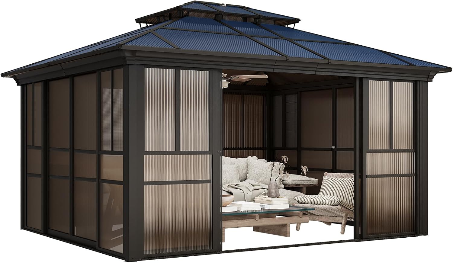 YOLENY 12x14 Sunroom Gazebo, Enclosed Outdoor Solarium with Tinted Polycarbonate Roof, 4 Lockable Sliding Doors & Aluminum Frame, Permanent Hardtop Patio Gazebo for Backyard