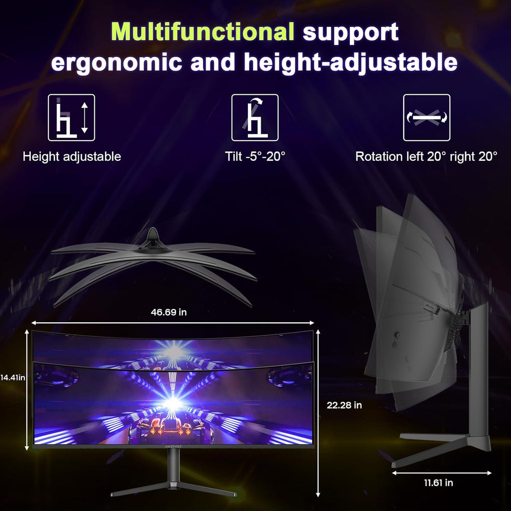 Amzfast 49 Inch Curved Monitor 120Hz DQHD (5120x1440) Ultrawide Gaming Monitor, 120% sRGB, 1500R, 1ms MPRT, HDR, Adaptive Sync, PIP/PBP, Height Adjustable, HDMI 2.0/DP 1.4, VESA 75x75, AMZG49C7U