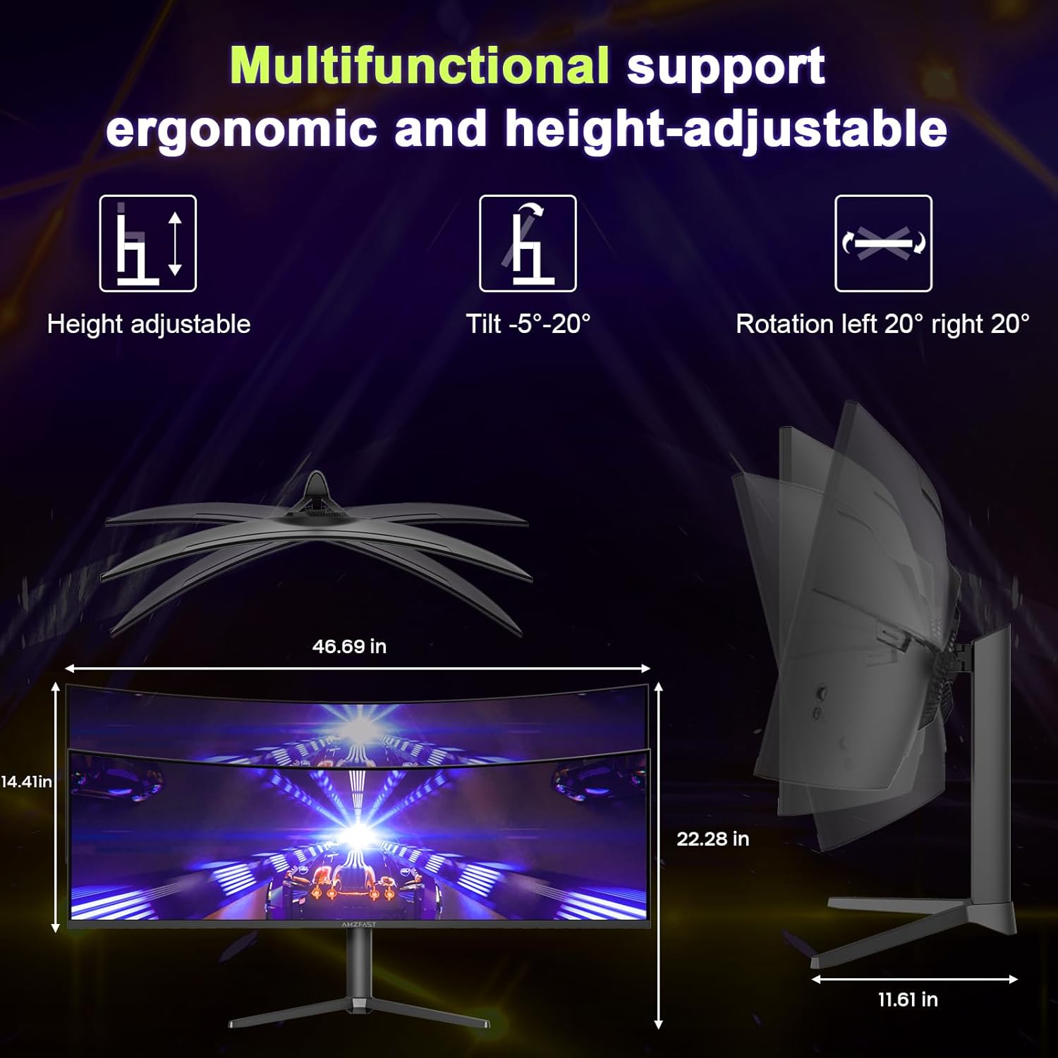 Amzfast 49 Inch Curved Monitor 120Hz DQHD (5120x1440) Ultrawide Gaming Monitor, 120% sRGB, 1500R, 1ms MPRT, HDR, Adaptive Sync, PIP/PBP, Height Adjustable, HDMI 2.0/DP 1.4, VESA 75x75, AMZG49C7U