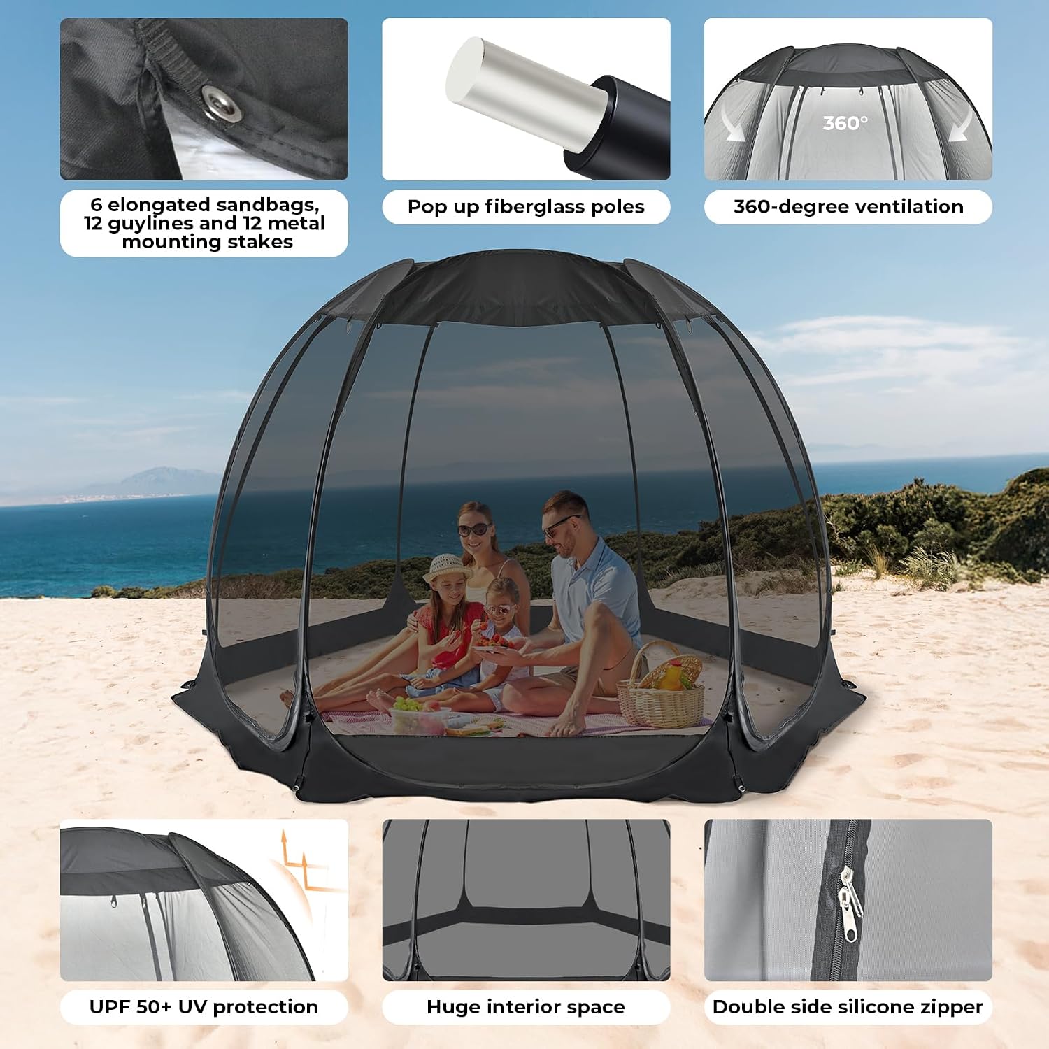 Alvantor® Pop Up Screen House, Outdoor Mosquito Mesh Tent with UV Resistant, Pop Up Canopy Easy Up, Foldable Screen Room for Camping,Backyard, Garden, Patio(Black, 12x12 FT)