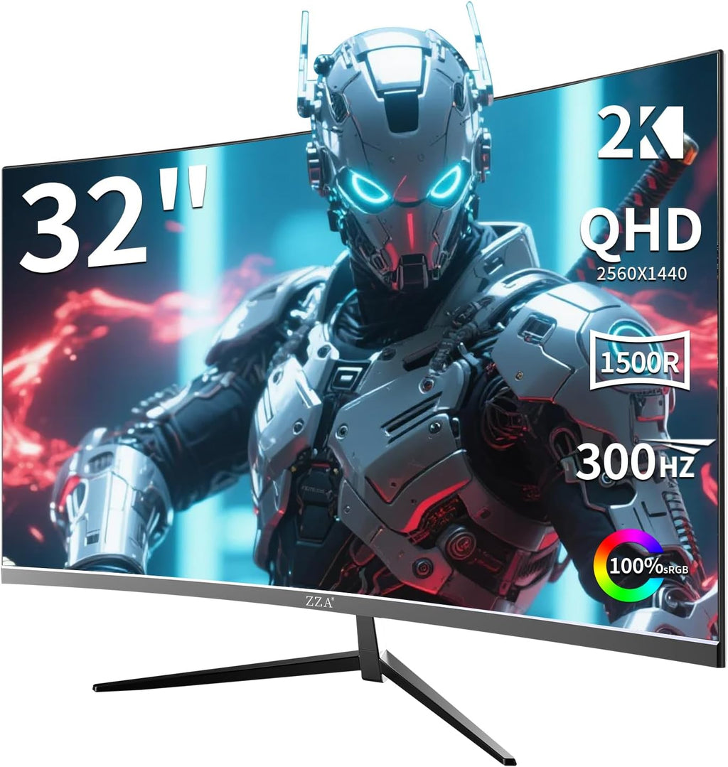 ZZA 32 Inch Curved Gaming Monitor, QHD 2560x1440, Ultra 300Hz & 240Hz Refresh Rate, Computer Monitor VA Panel,1500R, 1ms, HDR, AMD FreeSync Premium, NVIDIA G-SYNC Compatible