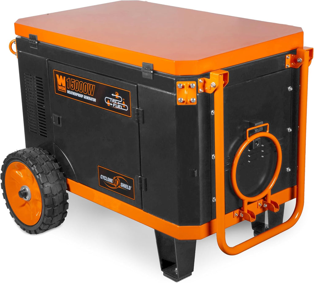 WEN 15000-Watt Weatherproof Home Backup Portable Generator, 120V/240V, Tri-Fuel with Cyclone Shield Weatherproofing Technology, 550cc Engine, Remote Electric Start, Wheel Kit, & CO Watchdog (TF1500XR)