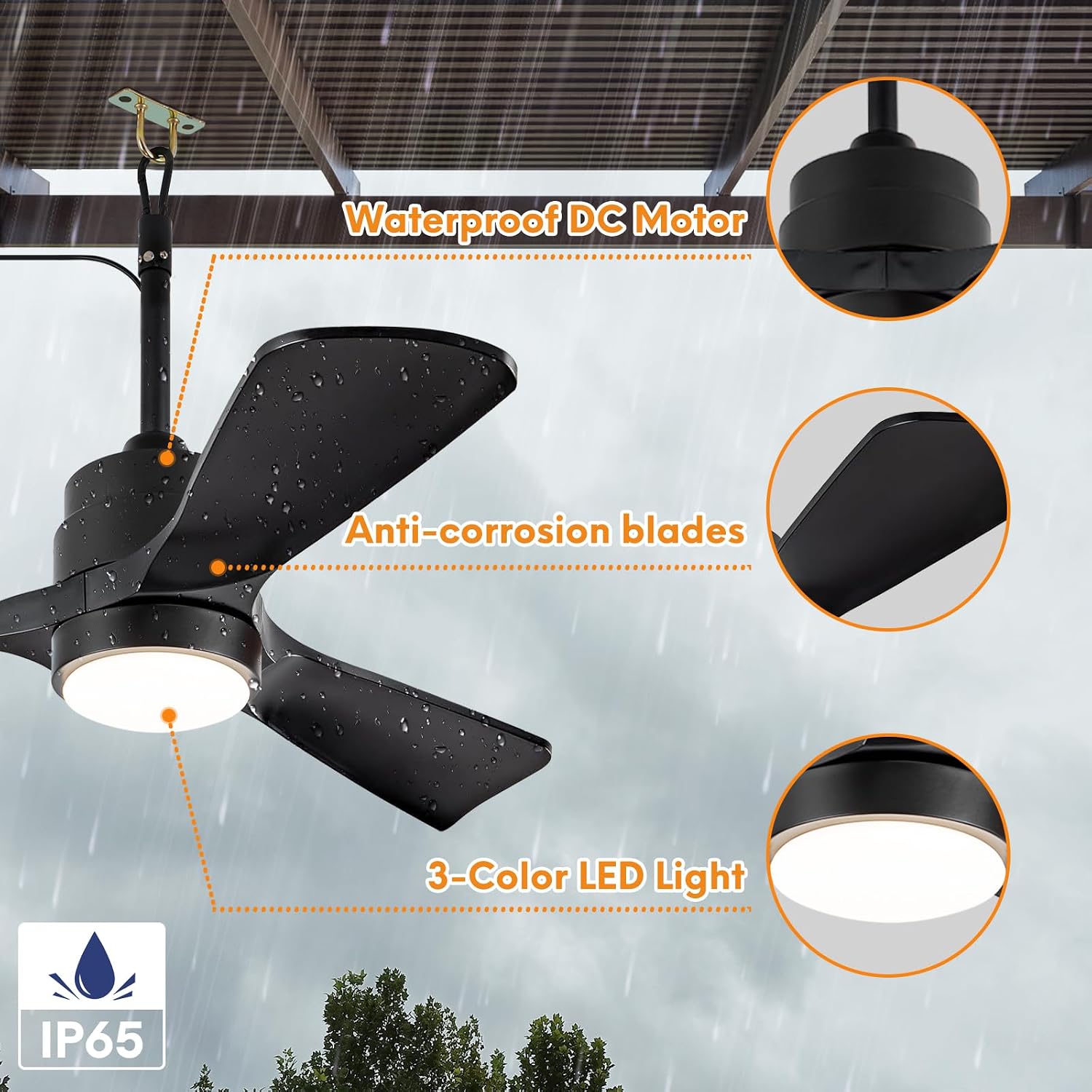 42' Gazebo Fans Outdoor Hanging with Remote Waterproof,Outdoor Ceiling Fan for Patios with Light, Plug in Cord Outlet Hook Wet Rated for Outside Porch, Pergola-Black+20' Downrod