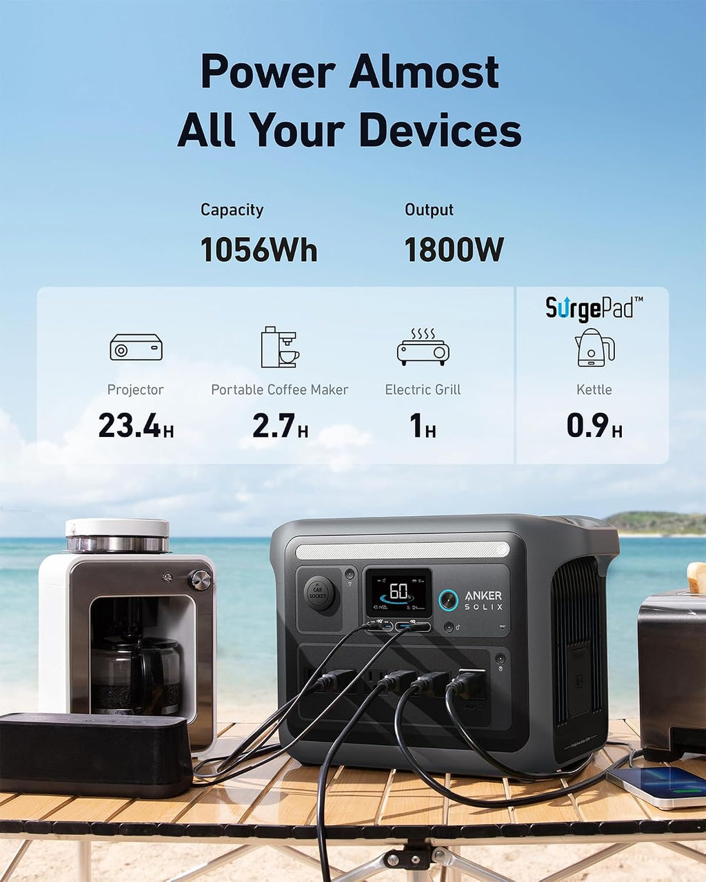 Anker SOLIX C1000 Portable Power Station with 400W Solar Panel, 1800W Solar Generator, 1056wh LFP (LiFePO4) Battery, 6 AC Outlets, Up to 2400W for Home, Power Outages, and Outdoor Camping