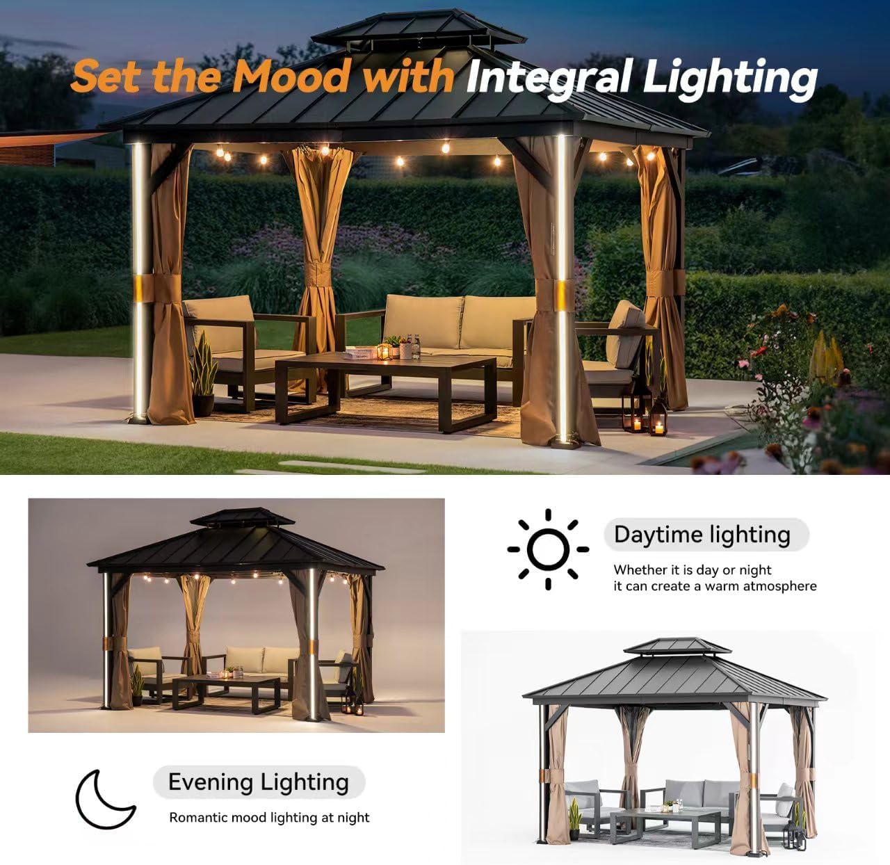 Modern Shade Hardtop Gazebo 10' x 12' with 4 LED Lights, Outdoor Gazebo with Galvanized Steel Double Roof，Four Seasons Pavilion with USB Charging Port Deck, Netting and Curtains for Patios