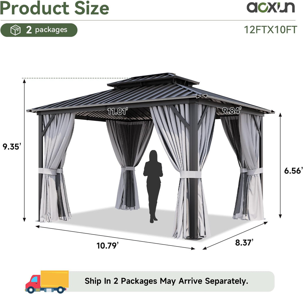 Aoxun 10'x12' Hardtop Gazebo, Permanent Metal Pavilion with Galvanized Steel Double Roof, Outdoor Pergola with Nettings and Curtains for Lawn, Garden, Patio (Gray)