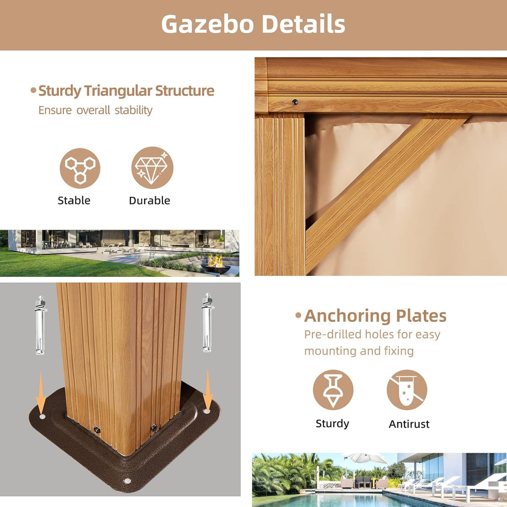 MELLCOM 10' x 12' Hardtop Gazebo, Wooden Finish Coated Aluminum Frame Gazebo with Galvanized Steel Double Roof, Outdoor Permanent Metal Pavilion with Curtains and Nettings for Patio, Lawn & Garden