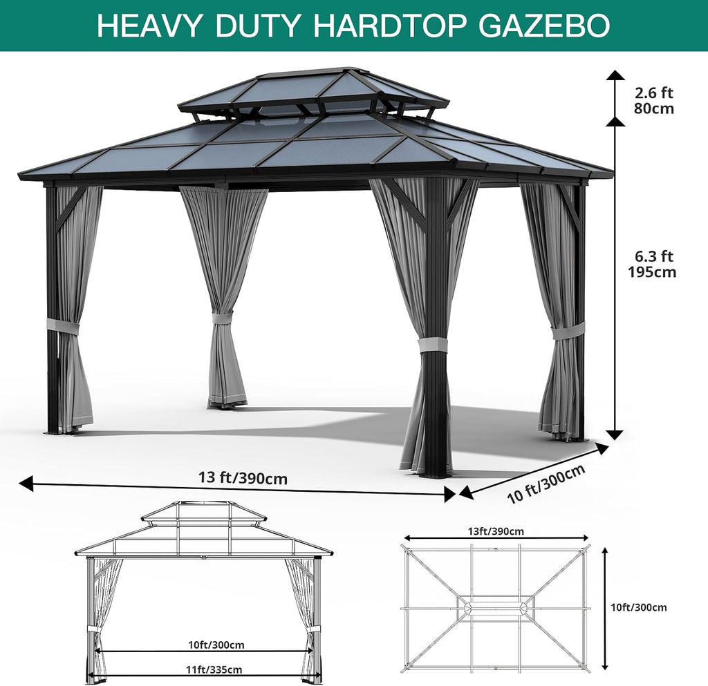 GAOMON 10x13ft Hardtop Gazebo, Outdoor Polycarbonate Double Roof Canopy, Aluminum Frame Permanent Garden Tent with Curtains and Netting for Patio, Lawns (Gray)