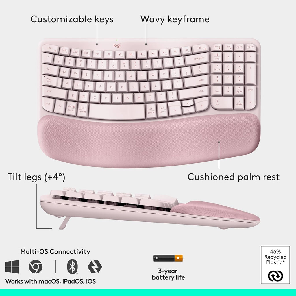 Logitech Wave Keys & Lift Vertical Mouse - Ergonomic Wireless Keyboard and Mouse Combo - with Cushioned Palm Rest, Easy-Switch, Bluetooth, for Multi-OS, Windows/Mac - Rose
