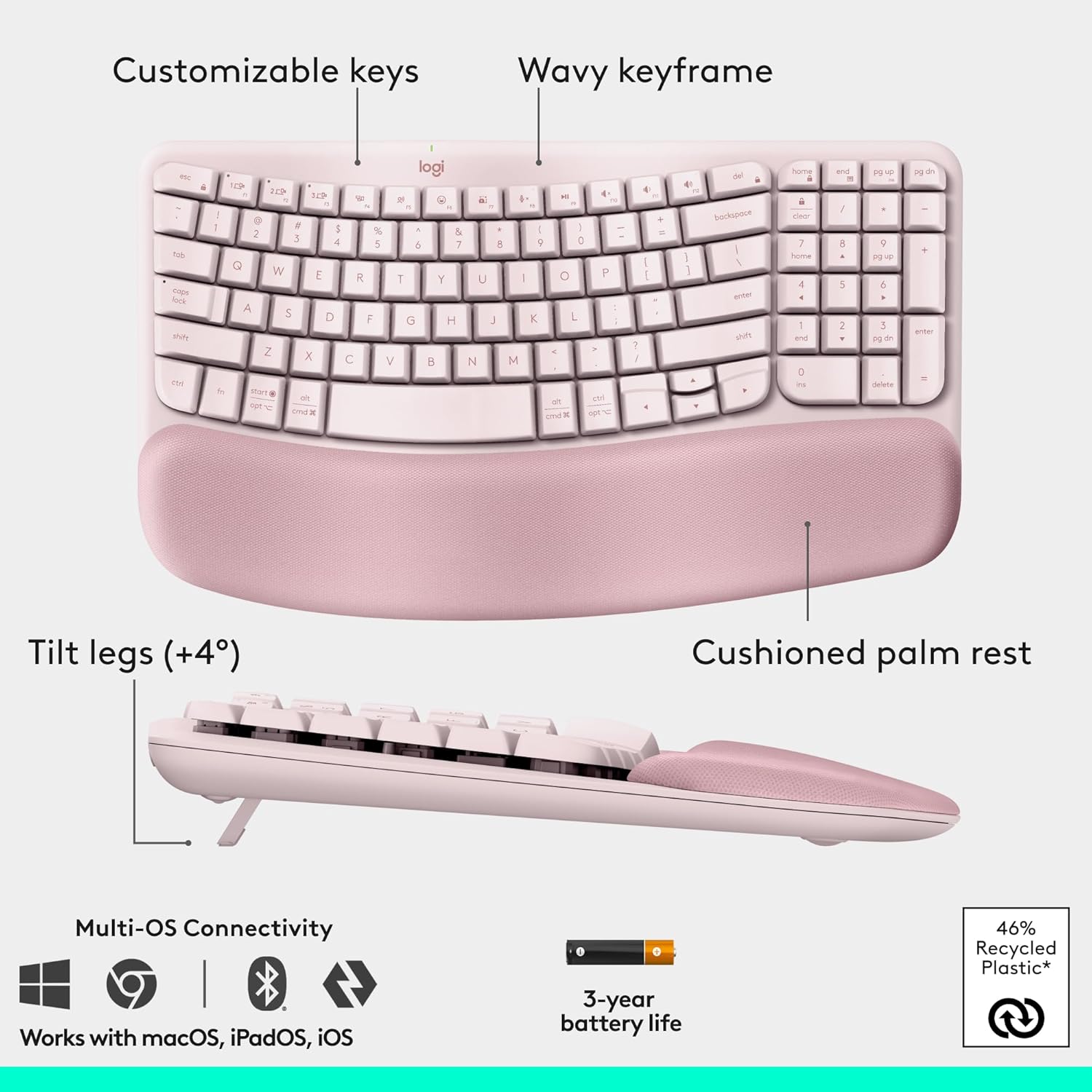 Logitech Wave Keys & Lift Vertical Mouse - Ergonomic Wireless Keyboard and Mouse Combo - with Cushioned Palm Rest, Easy-Switch, Bluetooth, for Multi-OS, Windows/Mac - Rose