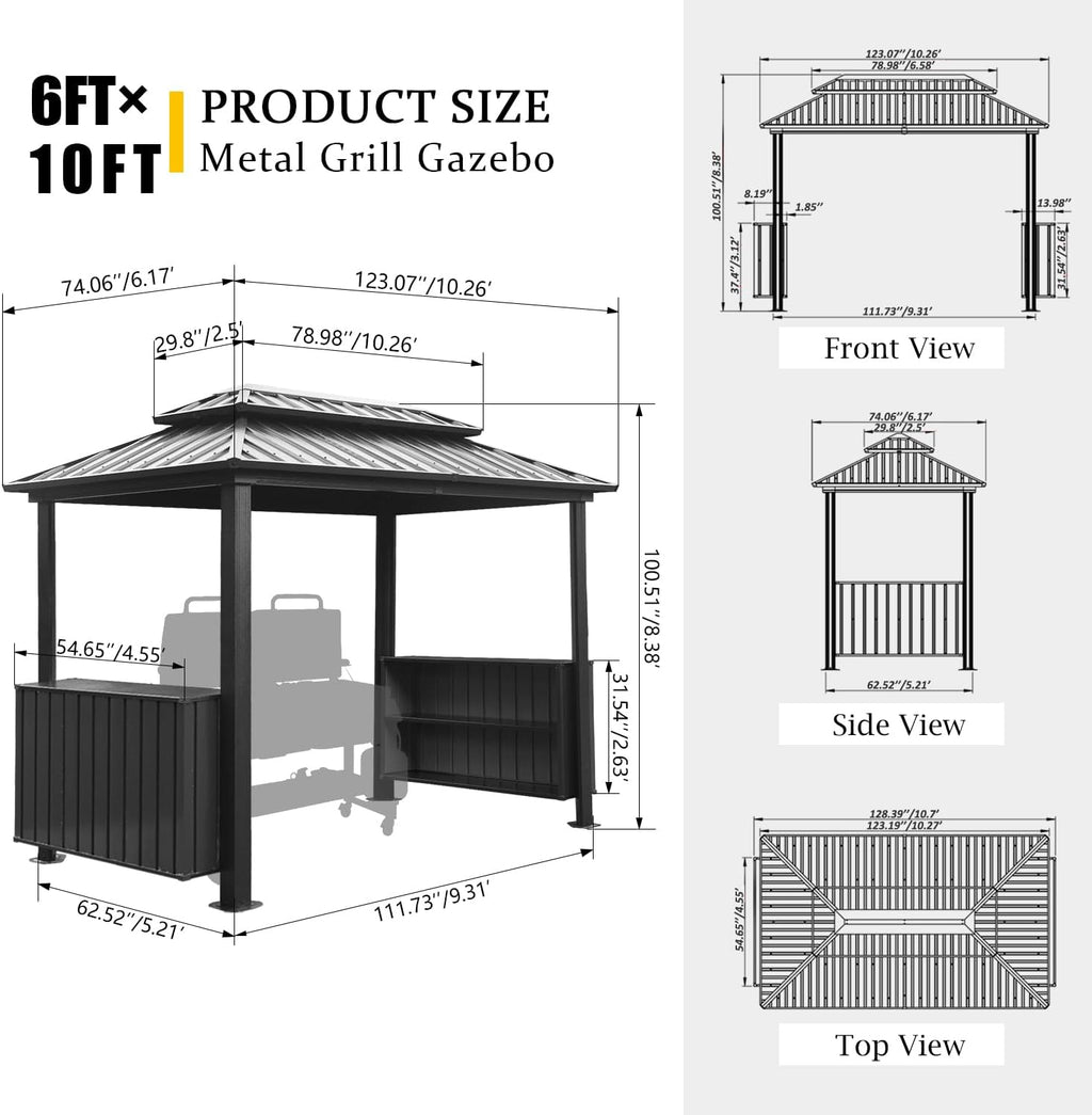 Domi 6x10FT Hardtop Grill Gazebo, Outdoor BBQ Gazebo with Double Galvanized Steel Roof, Metal Permanent Sun Shade Grill Canopy Shelter with 2 Storage Cabinets and Ceiling Hooks for Patio Yard, Gray
