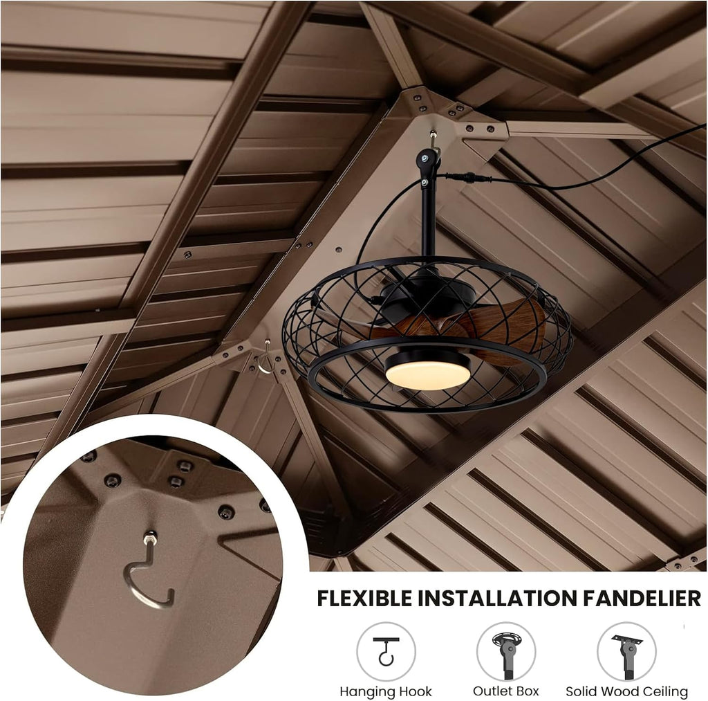 20'' Outdoor Ceiling Fans with Lights, Gazebo Fan Wet Rated Remote&APP Control, Plug in Ceiling Fan for Patios, Pergola, Ceiling Fan with Remote Control, Hanging with Hook,Black