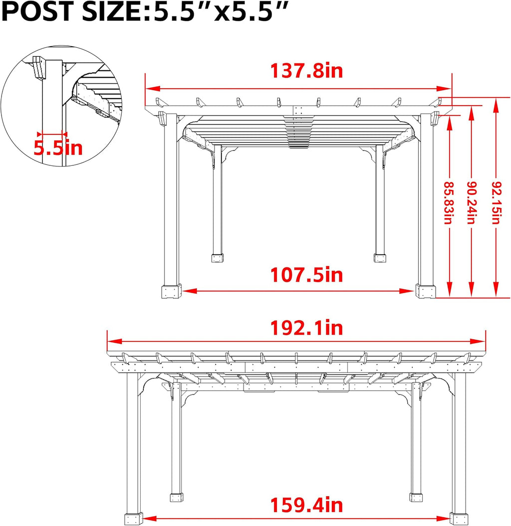 Yardenaler 12 x16 FT Wooden Pergola, Cedar Wood Gazebo with Flat Roof, Outdoor Garden Shelter with Stakes Included, Patio, Deck, Backyard, Lawn