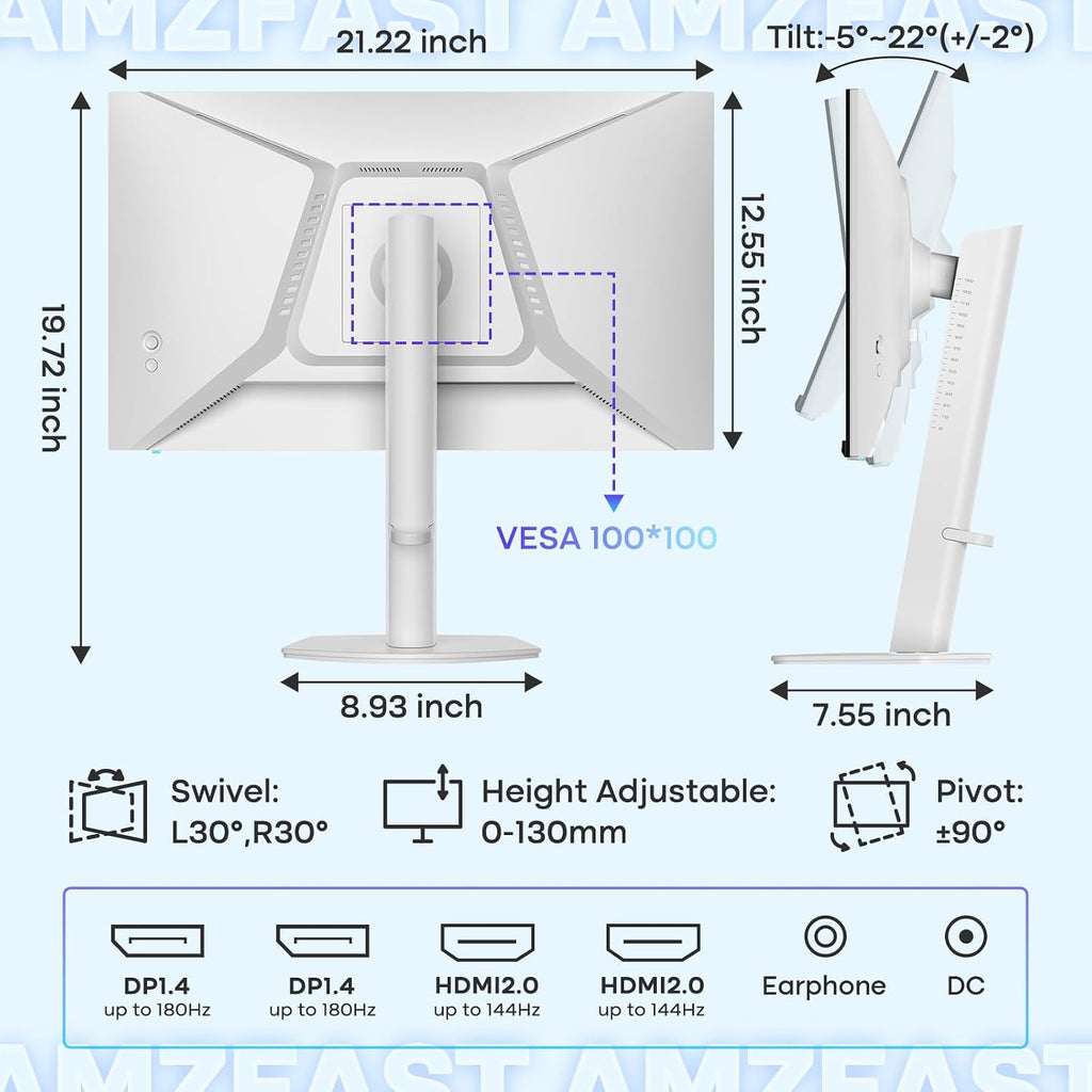Amzfast 24 Inch Gaming Monitor 180Hz QHD (2560 ×1440) Fast IPS Monitor, 1ms G-SYNC Compatible, Built-in Speakers, 96% DCI-P3, HDR10, Height Adjustable, HDMI 2.0 x 2 & DP 1.4 x 2, AMZG24F6Q