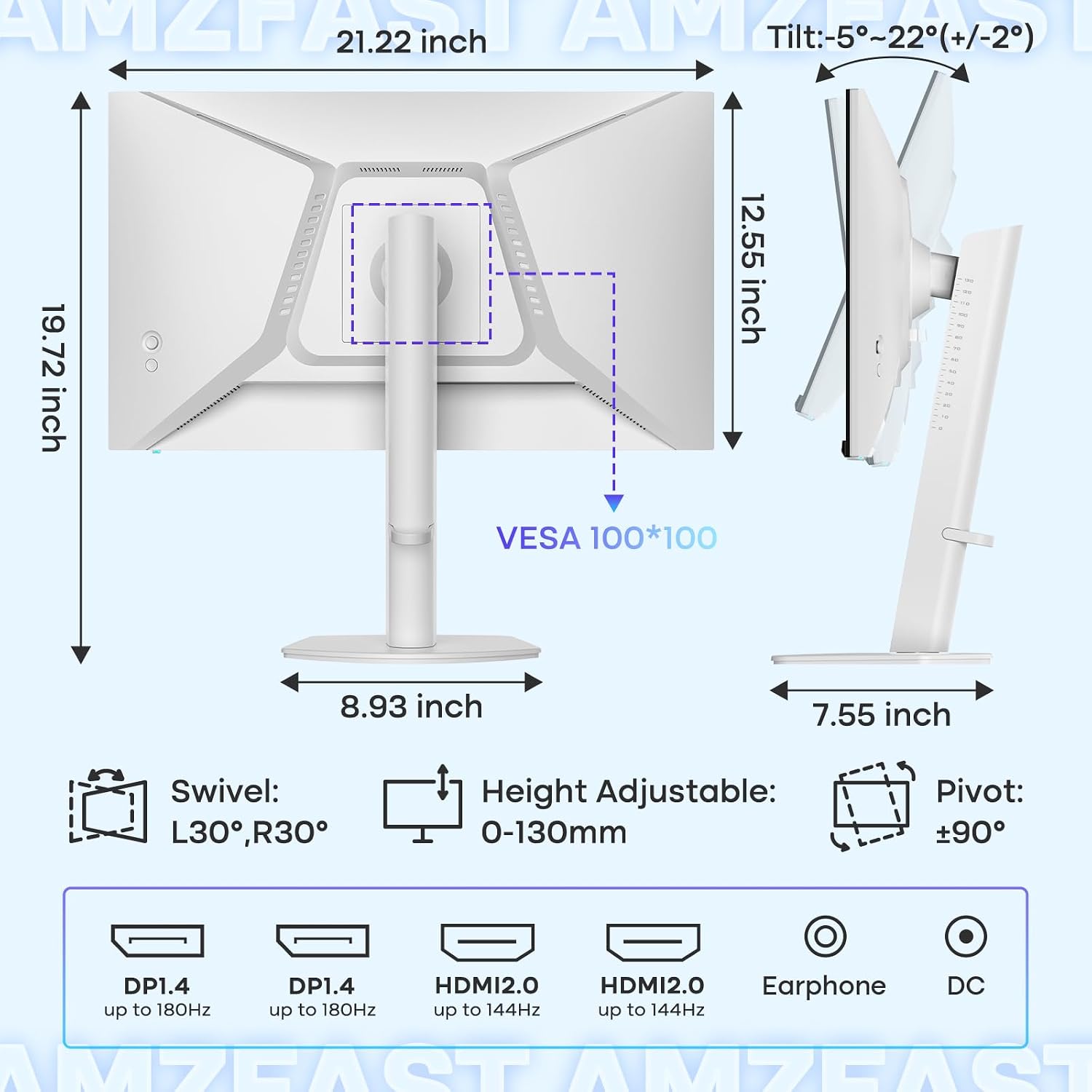 Amzfast 24 Inch Gaming Monitor 180Hz QHD (2560 ×1440) Fast IPS Monitor, 1ms G-SYNC Compatible, Built-in Speakers, 96% DCI-P3, HDR10, Height Adjustable, HDMI 2.0 x 2 & DP 1.4 x 2, AMZG24F6Q