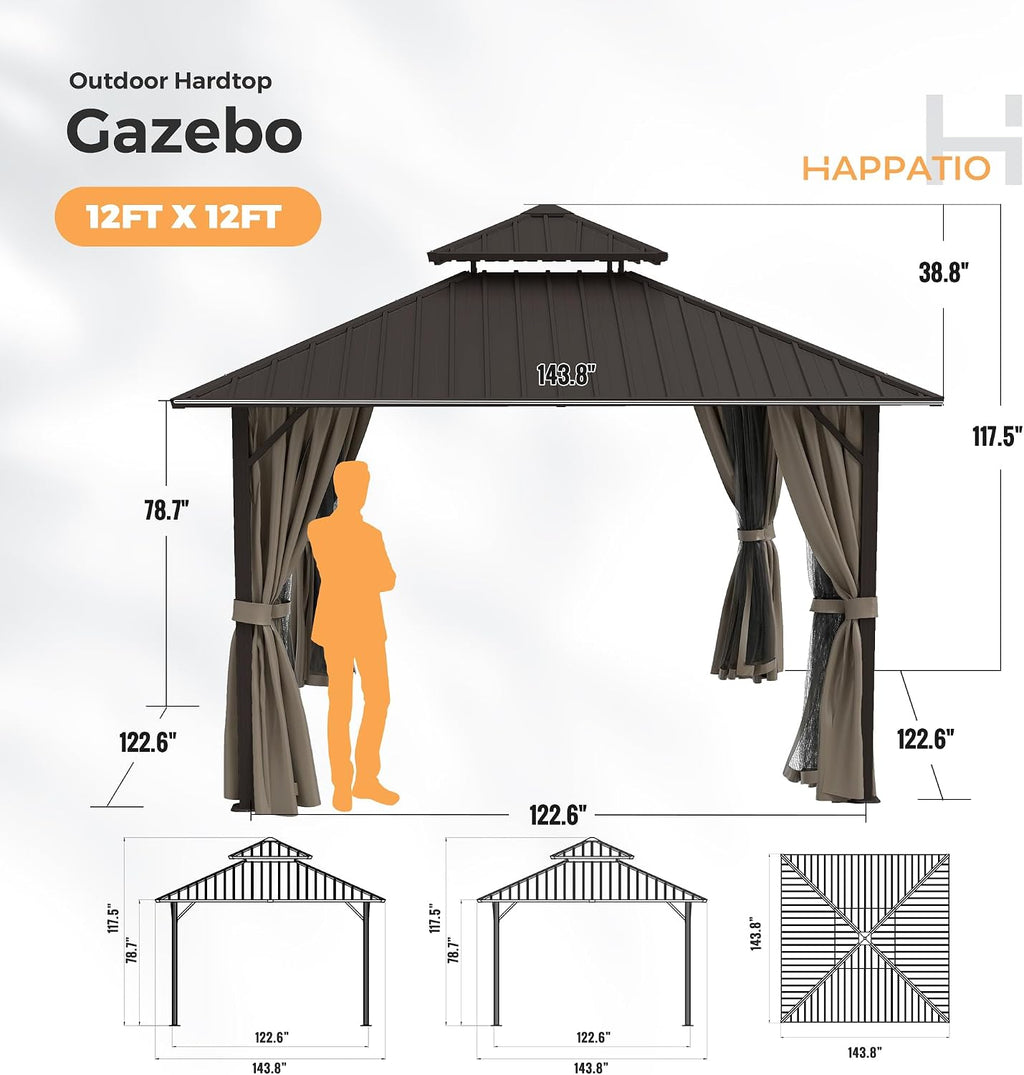 HAPPATIO 12'x12' Outdoor Gazebo with Hardtop Roof, Double Galvanized Steel Roof Canopy with Aluminum Frame, Curtains and Netting for Patio, Backyard, Deck, Lawn, Easy Assembly (Brown)
