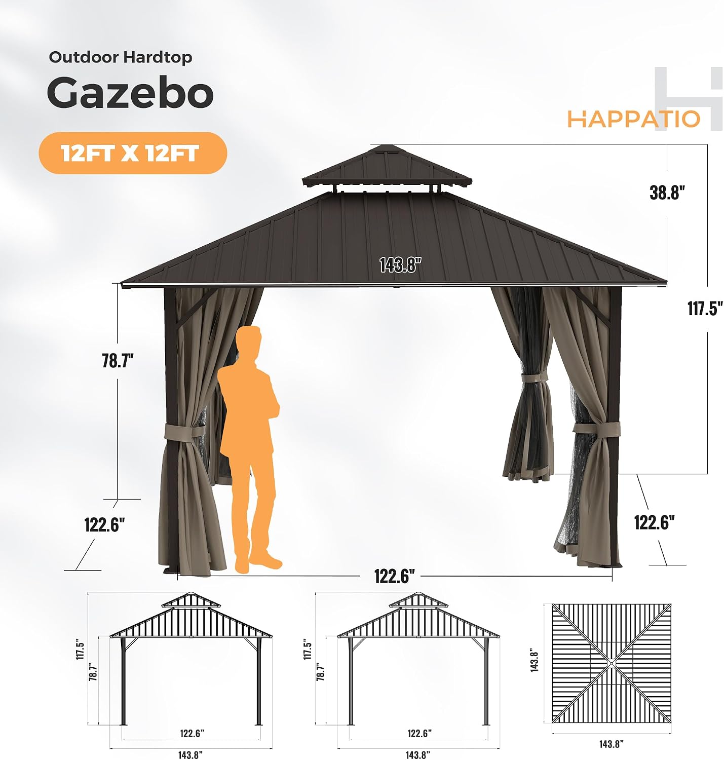 HAPPATIO 12'x12' Outdoor Gazebo with Hardtop Roof, Double Galvanized Steel Roof Canopy with Aluminum Frame, Curtains and Netting for Patio, Backyard, Deck, Lawn, Easy Assembly (Brown)