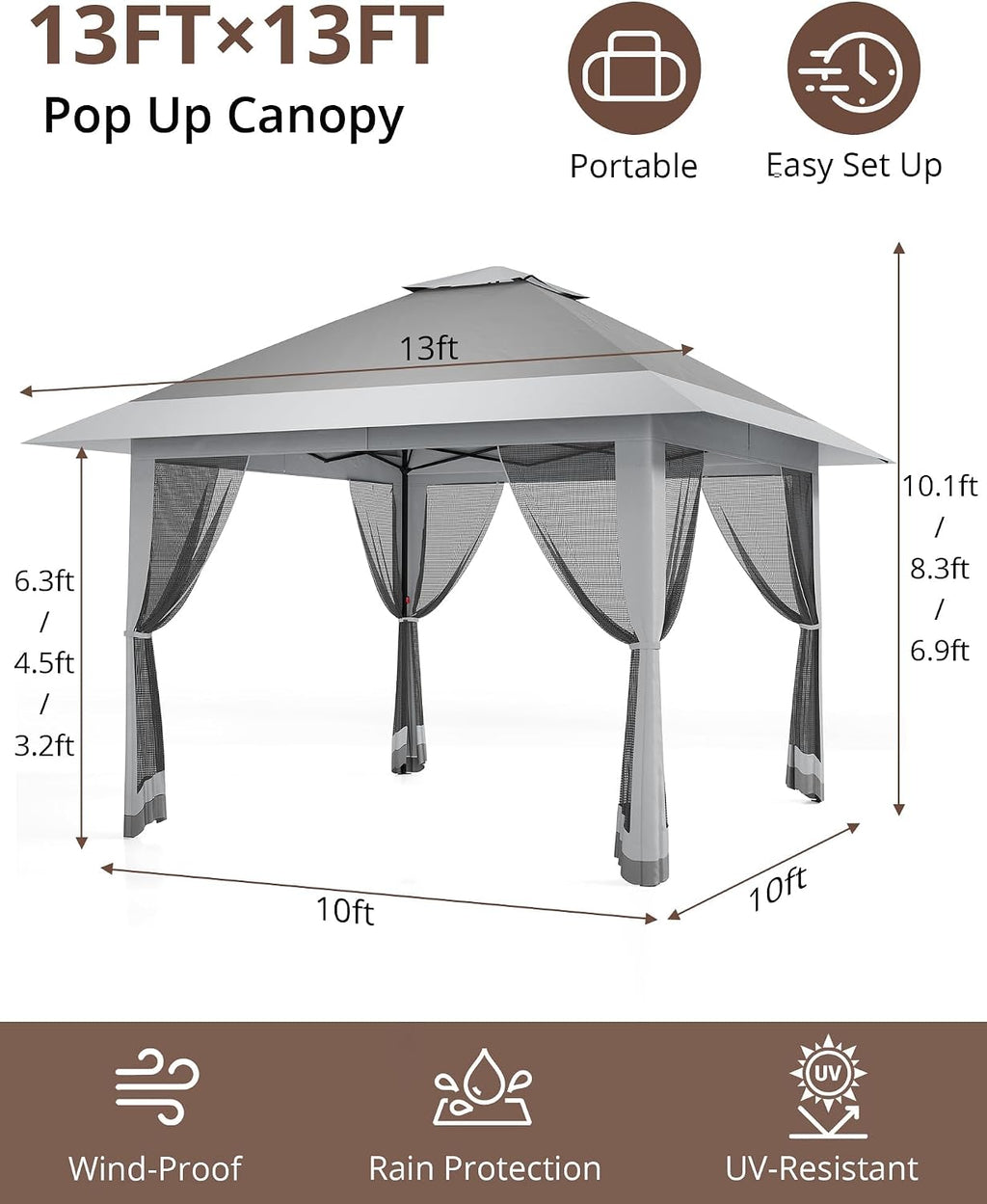 13x13ft Popup Hexagonal Gazebo with Mosquito Net, Adjustable Outdoor Hexagonal Canopy with Portable Handbag for Garden/Backyard/Patio - Gray (Gray)
