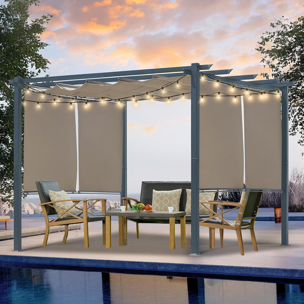 10 x 10 Ft Outdoor Aluminum Pergola, Retractable Canopy & 2 Sides Shades for Patio Backyard Garden Deck