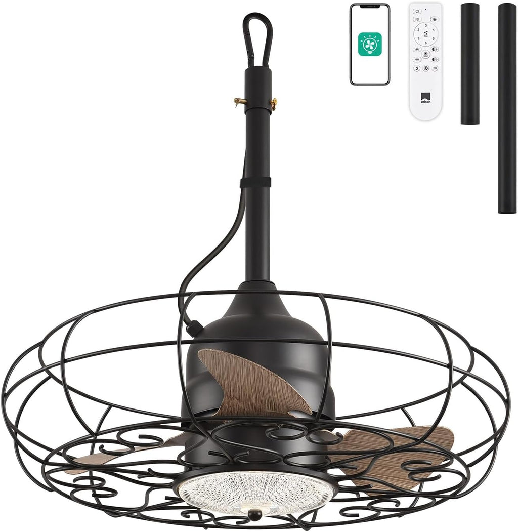 Orison Outdoor Ceiling Fans with Light, 21'' Wet Rated Outdoor Hanging Fan for Gazebo, Plug in Caged Lighting for Pergola Canopy, Hanging with Hook, 3 Color LED Light, Waterproof