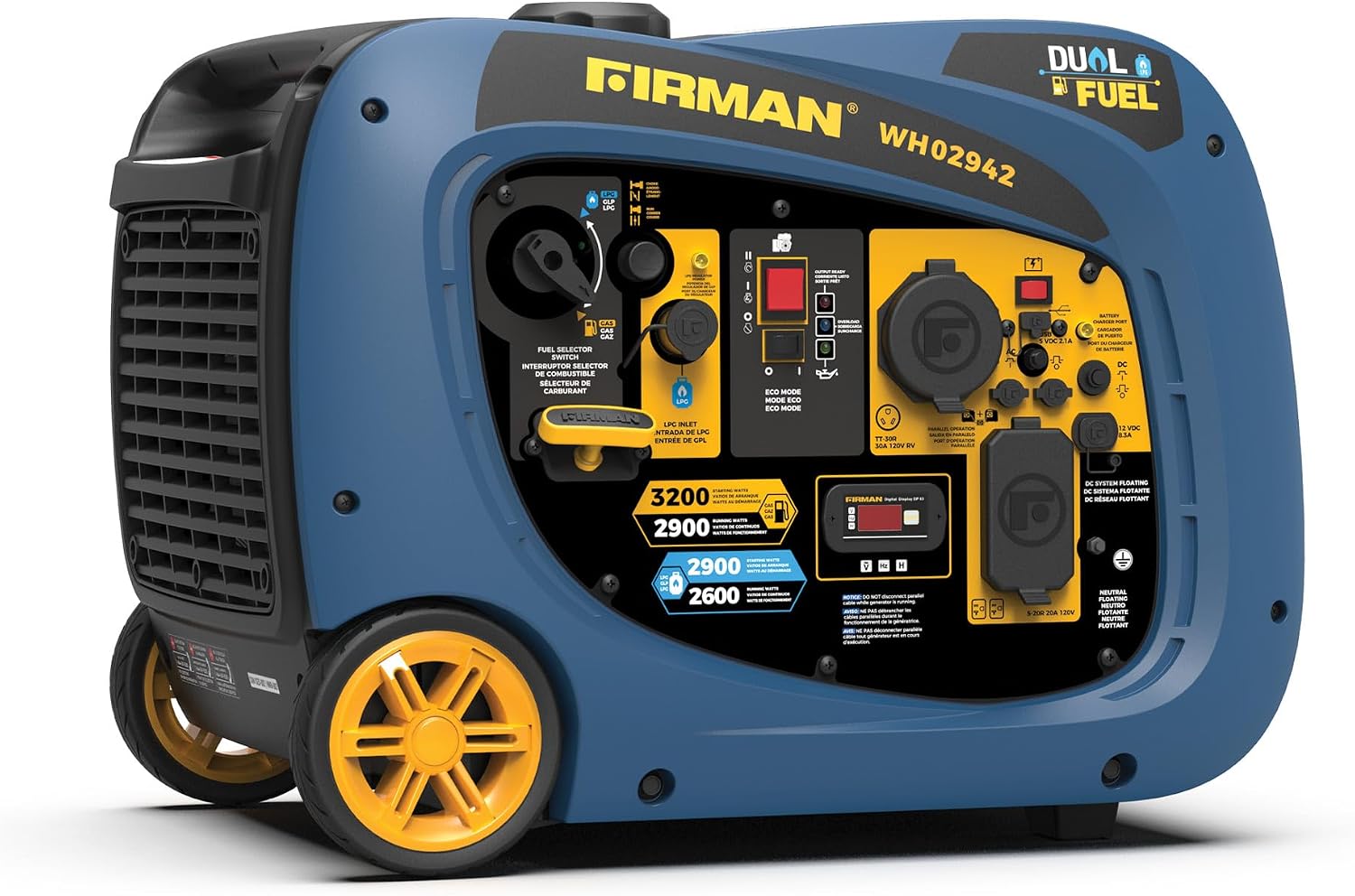 FIRMAN WH02942 Dual Fuel Inverter Portable Generator, 3200W Electric Start, Quiet 58 dB Operation, RV Ready TT-30R Outlet, Clean Inverter Power, Gas or Propane for Camping, Home Backup, Outdoor Use