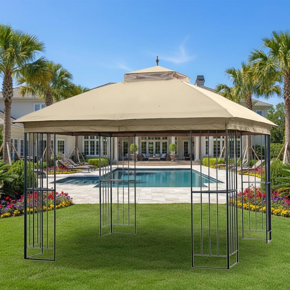 Garden Winds Reinforced RipLock 350 Replacement Canopy Top Cover Compatible with Garden Treasures Steel Finial 10' x 10' Gazebo Models L-GZ038PST-F and A101000500 - Beige