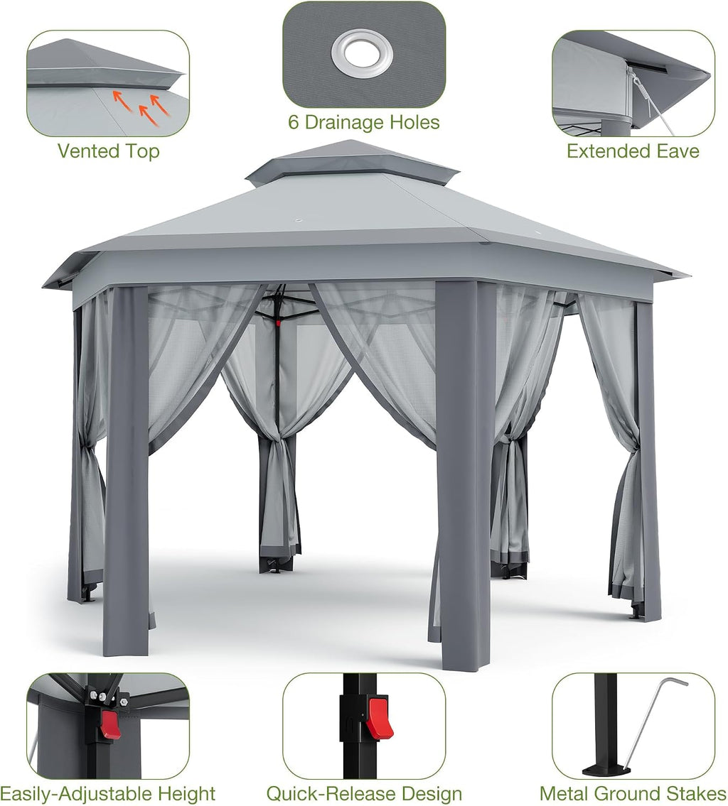 13 x 13FT Pop Up Gazebo, Instant Backyard Canopy Tent with Mosquito Net & Double Roof, Pop-Up Gazebo Canopies Adjustable Height for Patio, Party, Gray