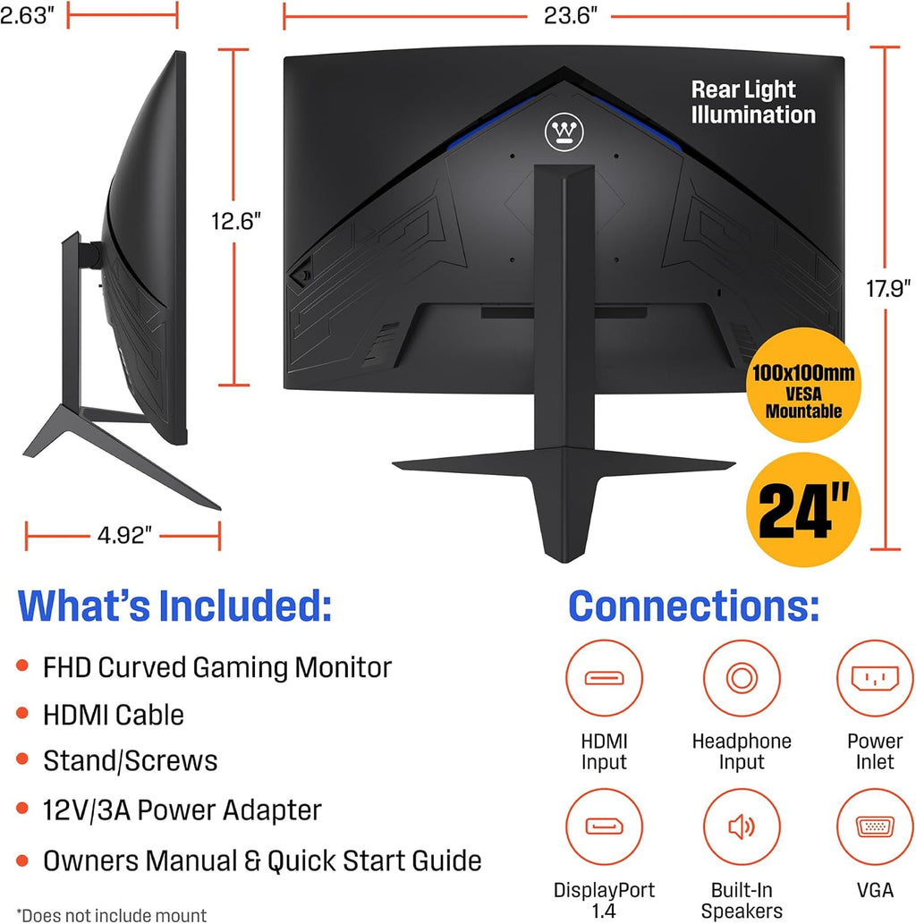 Westinghouse 24 Inch Curved Gaming Monitor, 165Hz, 1ms, FHD 1080P, 3000:1 Contrast Ratio, 110% SRGB, 1500R, AMD FreeSync, Eyecare, for PC Games with Built-in Speakers, VESA, DisplayPort, HDMI