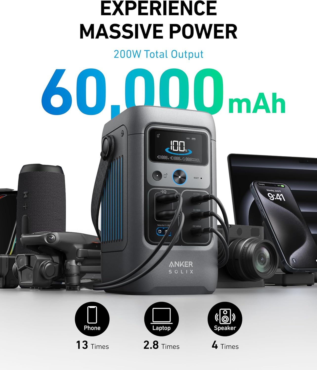 Anker SOLIX C200 DC Power Bank Station and 60W Solar Panel, 192Wh Portable Power Station, LiFePO4 Battery, 200W Solar Generator, For Outdoor, Camping, Traveling, and Emergencies