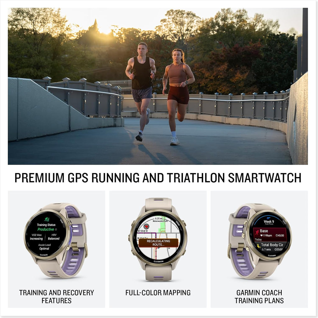 Garmin Forerunner 970 Running Smartwatch, GPS Fitness Watch for Men and Women, Soft Gold Titanium with French Gray Case/Translucent Indigo Band + Access 600 Fitness Monitor, XS-S + More