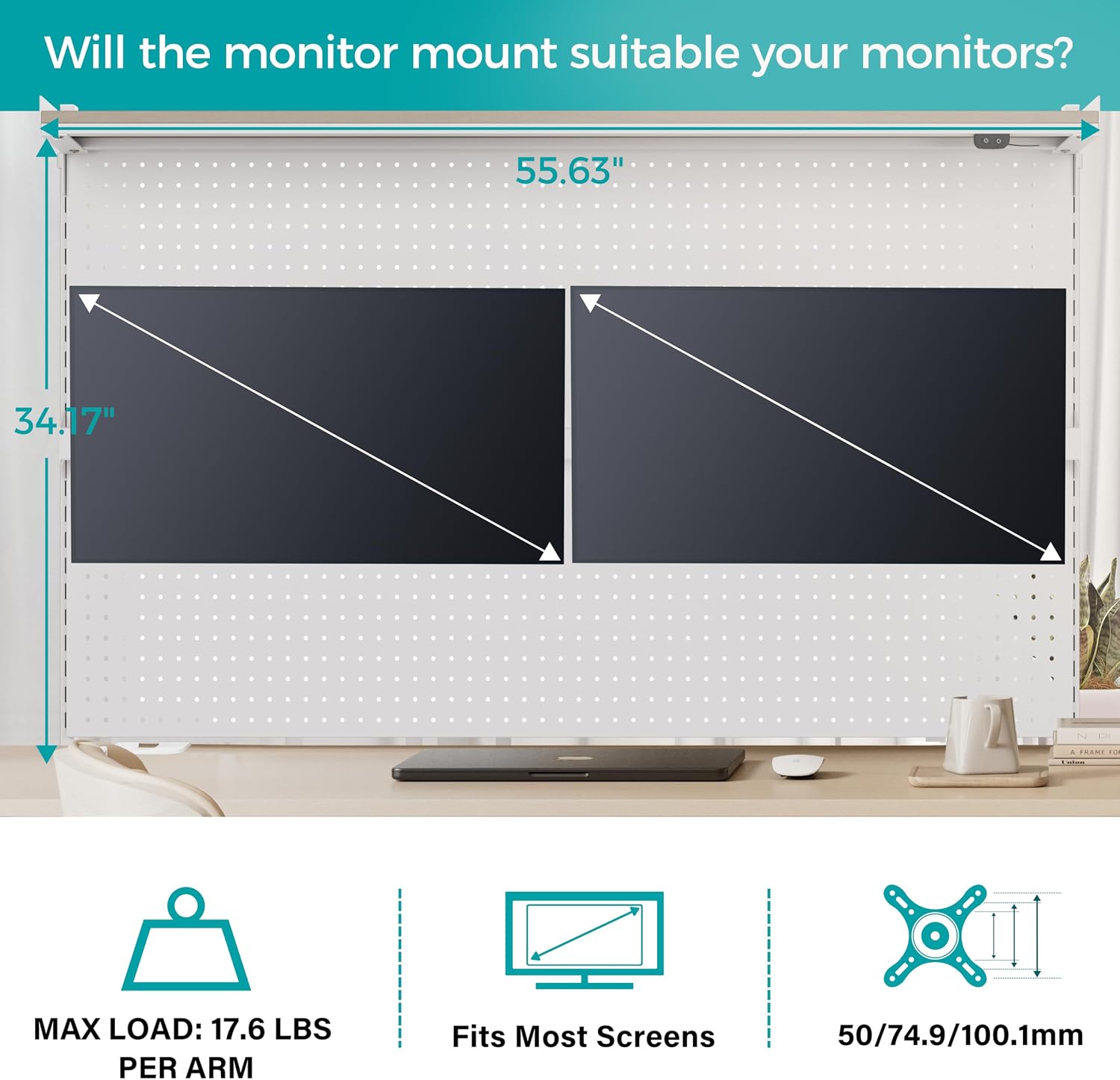 EUREKA ERGONOMIC Desk Pegboard with Dual Monitor Stands, LED Metal Pegboard for Gaming Desk, Privacy Panel with 4 Accessories Modular Hanging, Computer Accessories for Office, 59 x 34 Inch, White