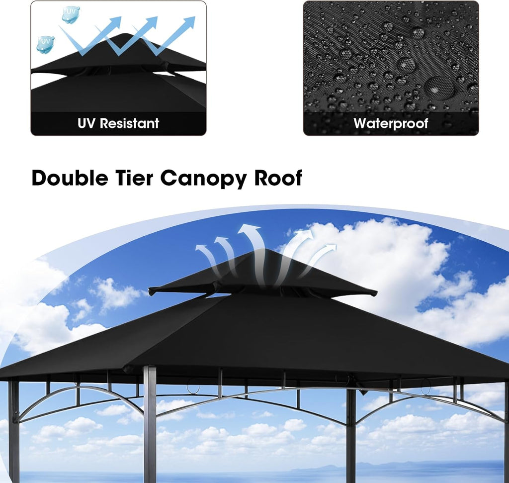 Grill Gazebo Canopy, 8'x 5' Outdoor BBQ Gazebo Shelter, Patio Double Tiered Tent for Barbecue and Picnic (Black)