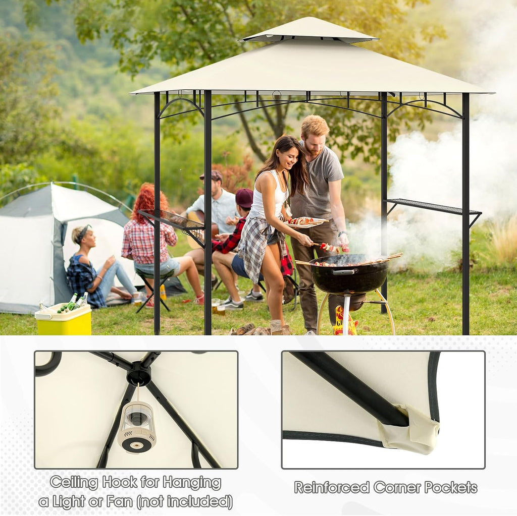 Tangkula 8x5 Ft Grill Gazebo, 2-Tier Barbecue Gazebo with 2 Shelves, 7 Hooks, Metal Frame, Outdoor Grill Canopy for Backyard Garden Poolside (Beige)