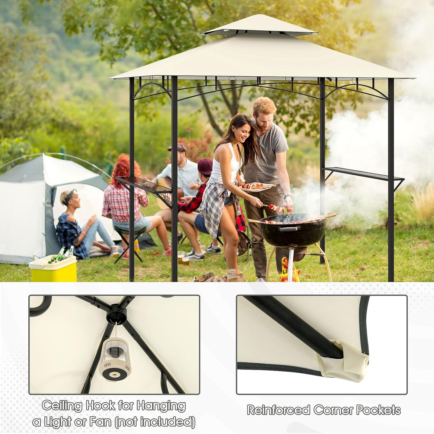 Tangkula 8x5 Ft Grill Gazebo, 2-Tier Barbecue Gazebo with 2 Shelves, 7 Hooks, Metal Frame, Outdoor Grill Canopy for Backyard Garden Poolside (Beige)
