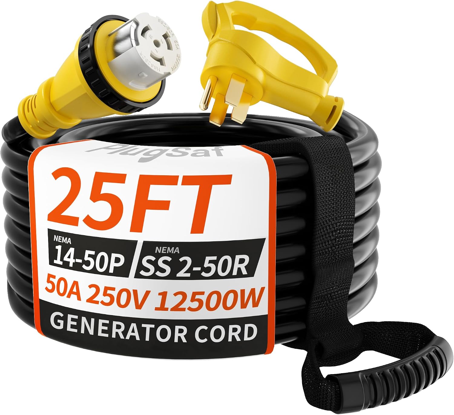 PlugSaf 50 Amp Generator Cord, 25FT 50 Amp RV Extension Cord with Twist Lock, Generator Cable 50A 4 Prong Yellow, NEMA 14-50P/SS2-50R Heavy Duty STW Wire for RV Camper & House