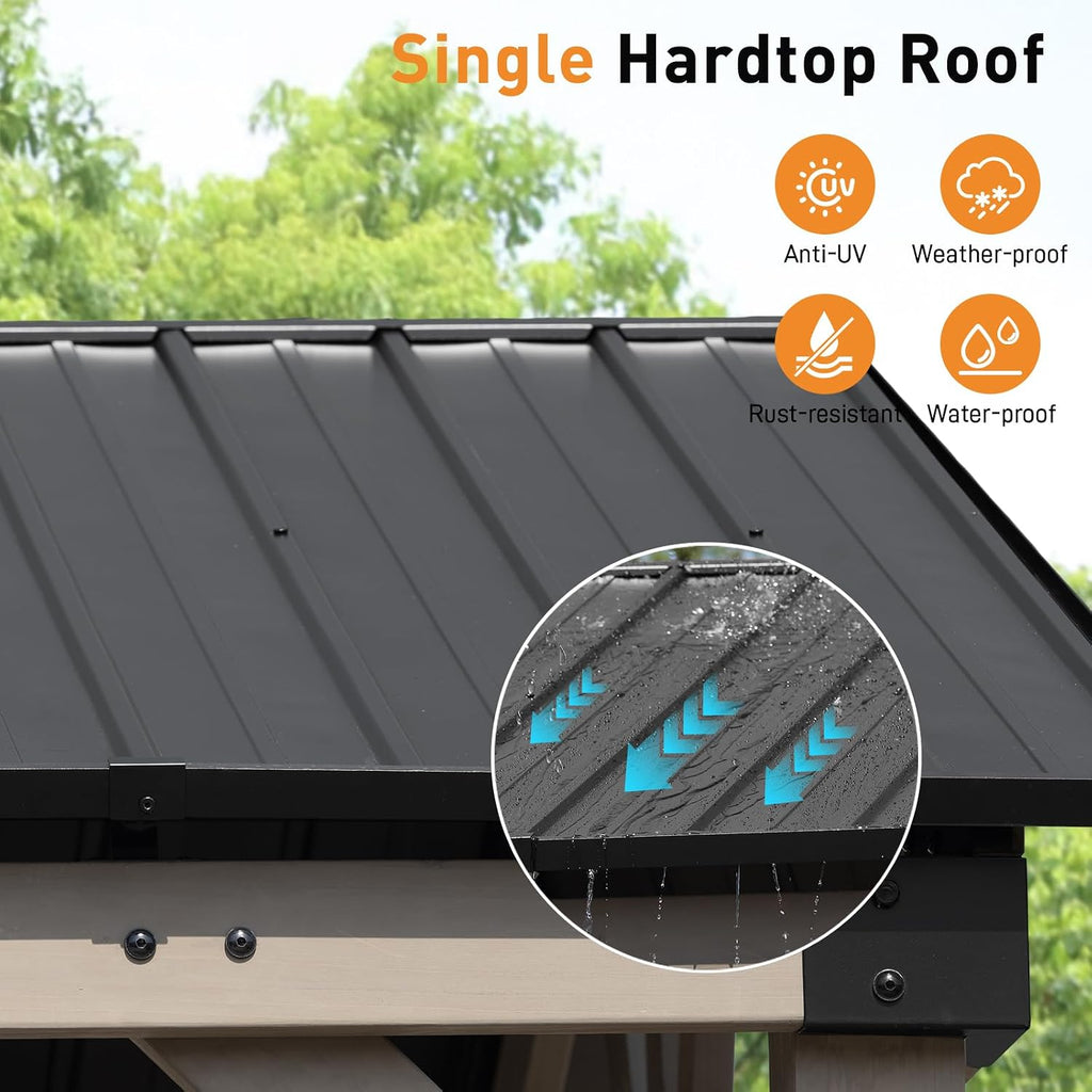 Aoodor 10 x 12 ft Wooden Frame Gazebo with Single Galvanized Metal Hardtop Roof, Outdoor Patio Gazebo with Charging Socket for Patio, Backyard, Deck, and Lawn