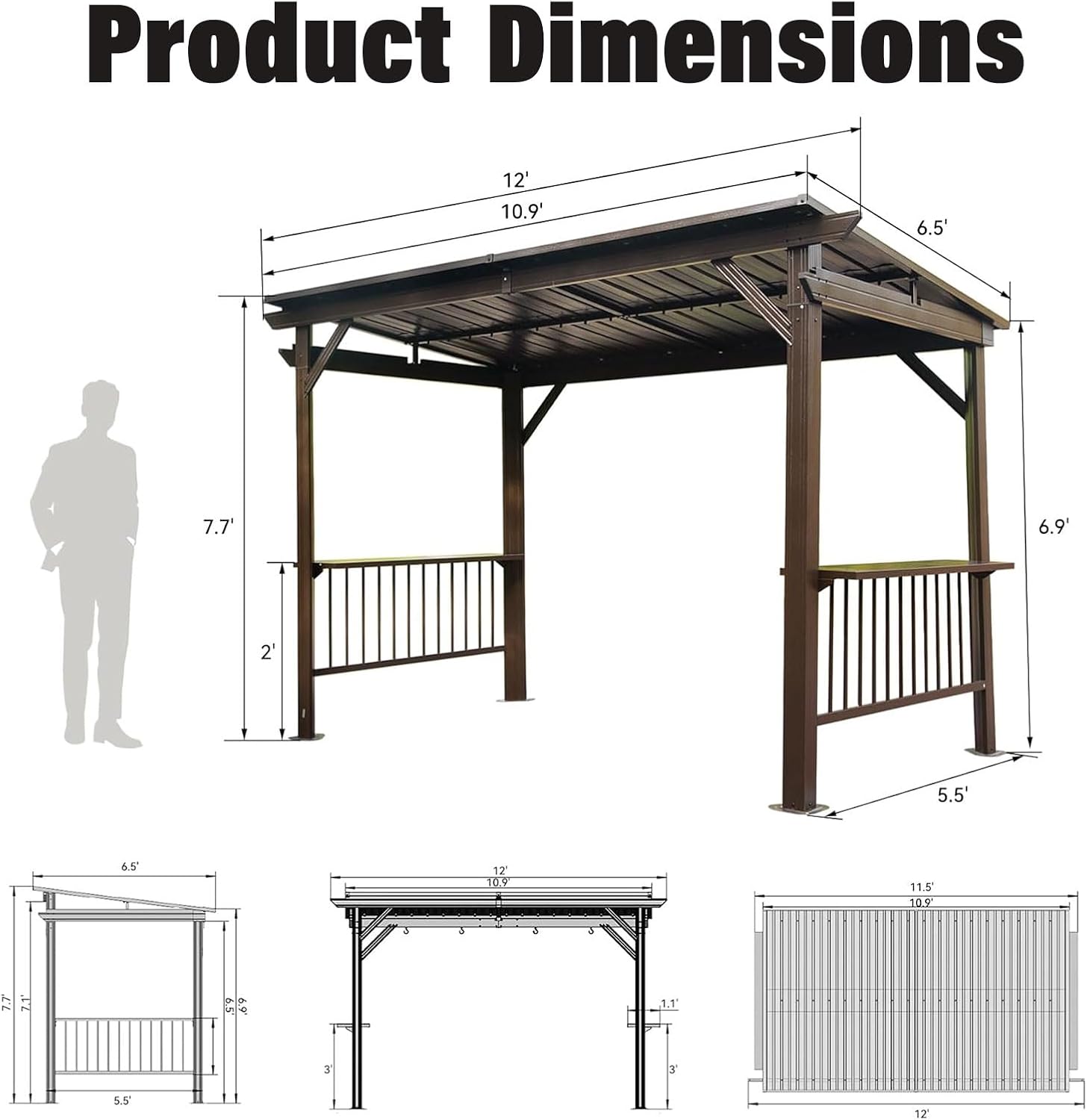 Hardtop Grill Gazebo, 2 Side Shelves & Ceiling Hooks, Permanent Outdoor BBQ Canopy with Galvanized Steel Roof, Metal All-Steel Frame for Patio, Backyard, Deck, Lawn, (Brown, 6.5x12FT Sloping Roof)