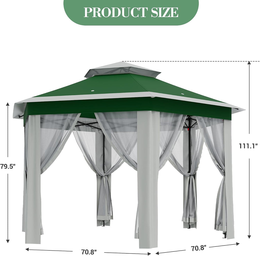 13x13ft Popup Hexagonal Gazebo with Mosquito Net, Adjustable Outdoor Hexagonal Canopy with Portable Handbag for Garden/Backyard/Patio - Gray (Green+Beige)