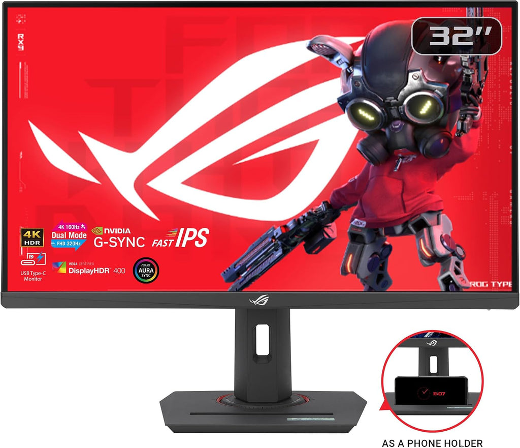 ASUS ROG Strix 32' 4K HDR Gaming Monitor (XG32UCG) – 3840x2160, Dual Mode (4K 160Hz/FHD 320Hz), 0.3ms, Fast IPS, Extreme Low Motion Blur Sync, USB-C, G-SYNC Compatible, Tripod Socket, 3 yr Warranty