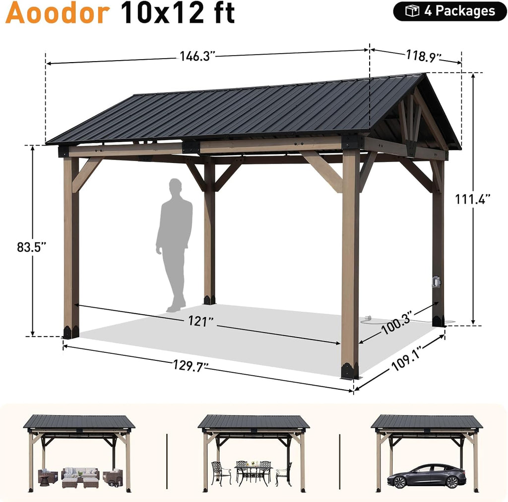 Aoodor 10 x 12 ft Wooden Frame Gazebo with Single Galvanized Metal Hardtop Roof, Outdoor Patio Gazebo with Charging Socket for Patio, Backyard, Deck, and Lawn