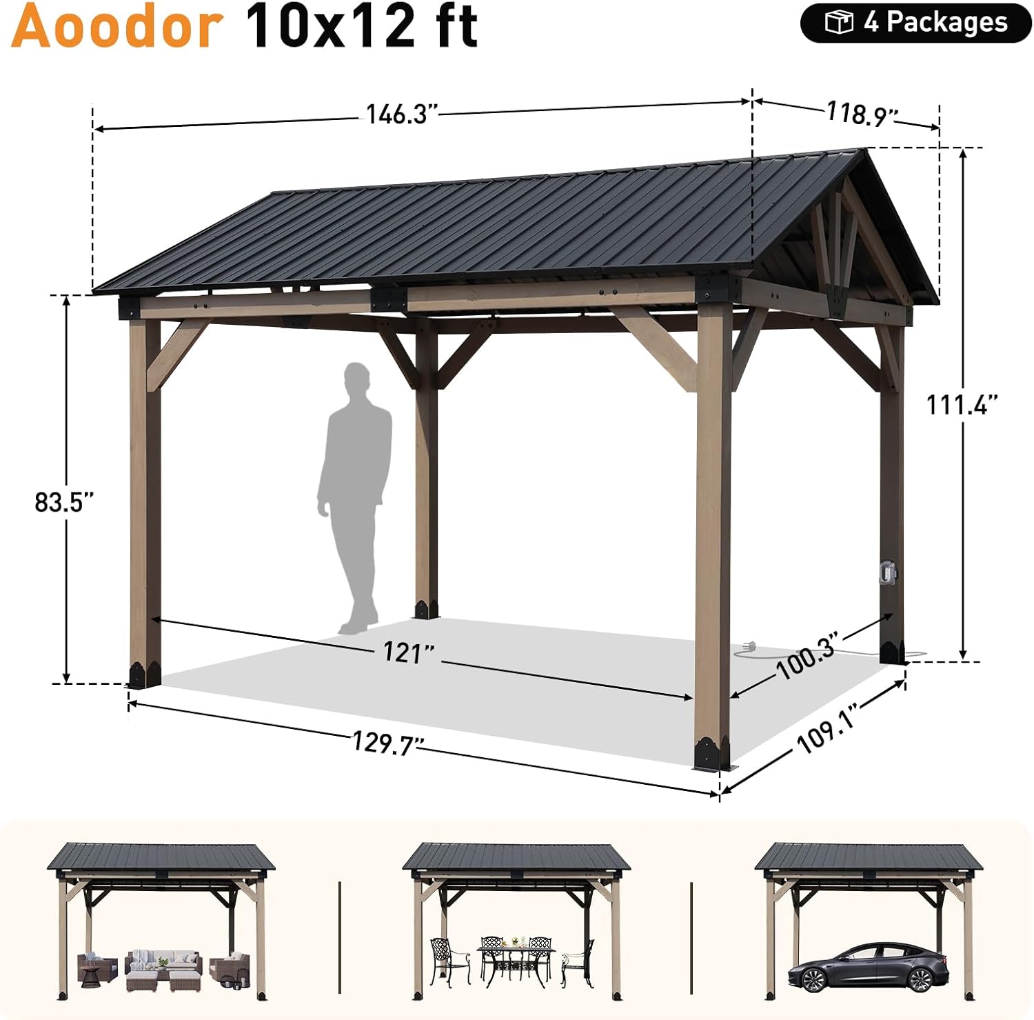 Aoodor 10 x 12 ft Wooden Frame Gazebo with Single Galvanized Metal Hardtop Roof, Outdoor Patio Gazebo with Charging Socket for Patio, Backyard, Deck, and Lawn