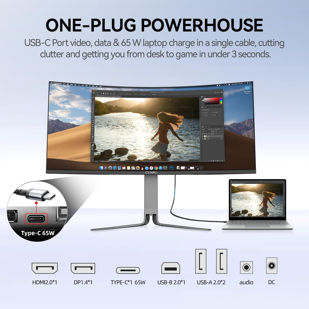 CUNPU 34 Inch Ultrawide Productivity Curved Monitor, 65W USB-C & KVM, 3440x1440 WQHD 165Hz 21:9 R1000 Display, 100% sRGB for Work and Gaming, 4000:1, Height Adjustable, PIP/PBP, HDMI, DisplayPort
