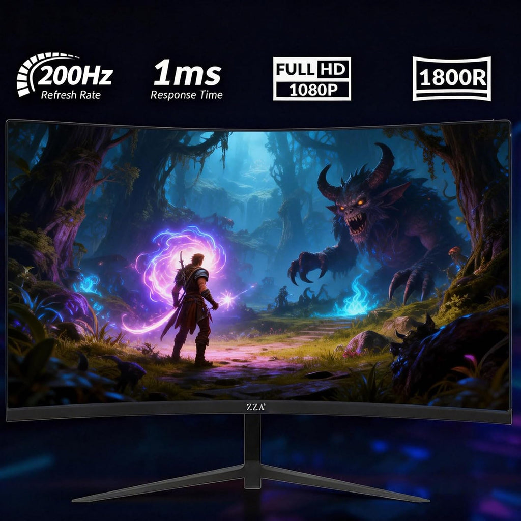 ZZA 27 Inch Gaming Monitor, 180Hz-200Hz Curved Monitor,VA PC Monitor,Full HD 1920x1080/180Hz Refresh Rate, 1ms Response, 100% sRGB, 1080p Resolution,FreeSync,VESA Mountable,DP 1.4 & HDMI 2.0 Ports
