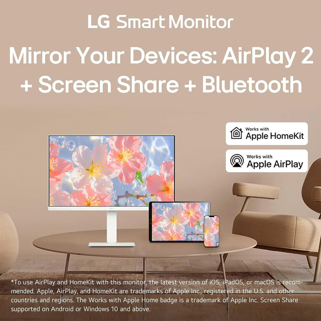 LG 27' UHD Smart Moniton, 4K (3840 x 2160) IPS Display, WebOS, HDR10, Built-in Speakers, Remote Control, Screen Share, Bluetooth, HDMI, USB Type-A|C, Height & Tilt Adjustable Stand