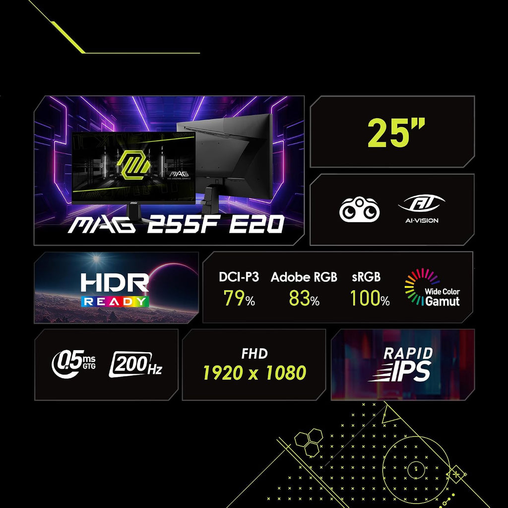 msi MAG 255F E20 25-inch 1920 x 1080 (FHD) Gaming Monitor, 200Hz, Adaptive Sync, HDMI, DisplayPort, VESA Mountable, Tilt, Height Adjustable, Speaker, 0.5ms, Black
