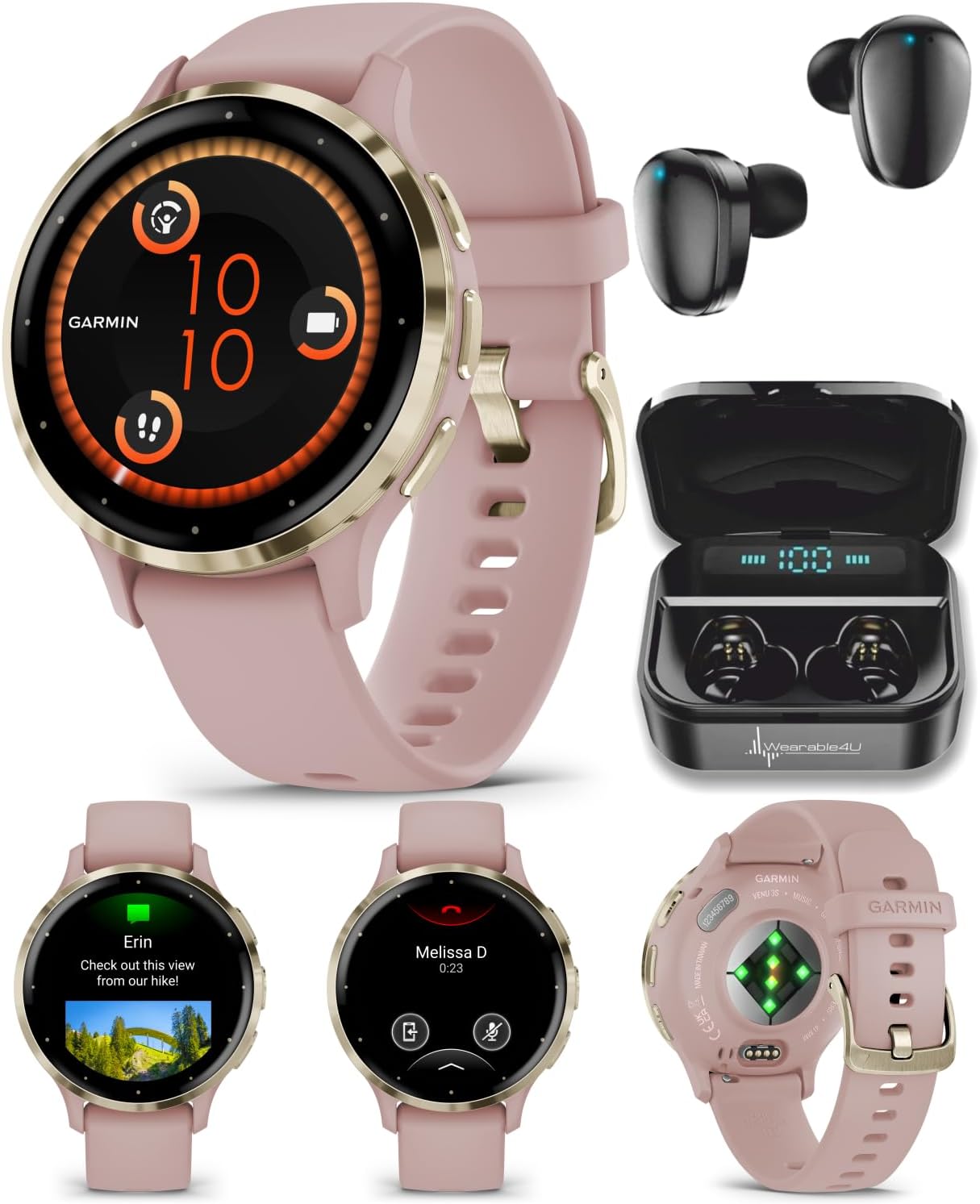 Garmin Venu 3S GPS Smartwatch, AMOLED Display 41 mm Watch, Advanced Health and Fitness Features, Up to 10 Days of Battery, Sleep Coach, Dust Rose with Black Earbuds Bundle