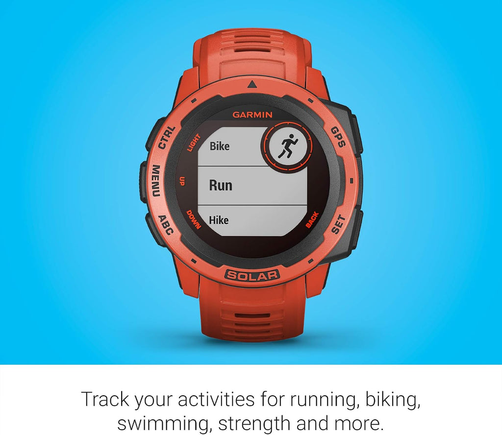 Garmin Instinct Solar, Solar-Powered Rugged Outdoor Smartwatch, Built-in Sports Apps and Health Monitoring, Flame Red